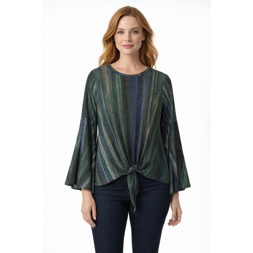 Style & Co Striped Tie‑Front Bell Sleeve Blouse Green Blue Textured Top